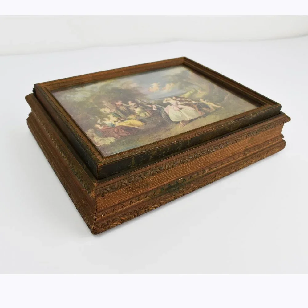 Rare antique wooden box with decorative lid, collectible painting storage box